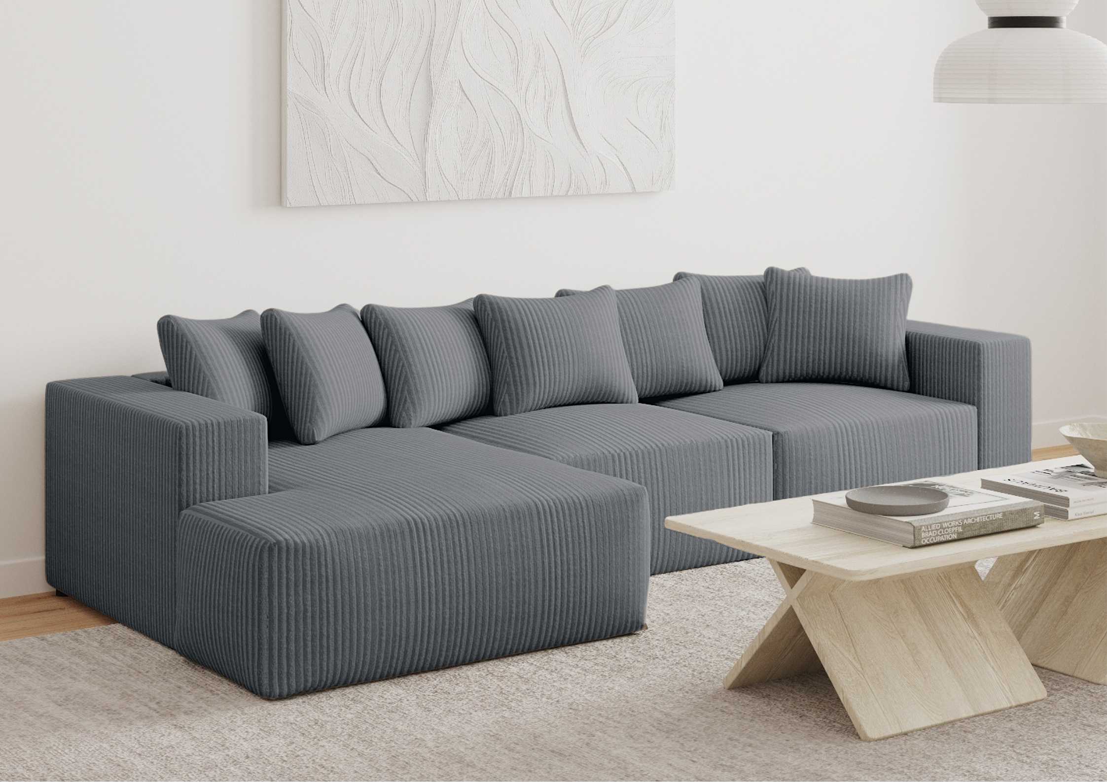 Lewy narożnik w sztruksie z funkcją spania Duży narożnik w stylu loft Kolor grafitowy